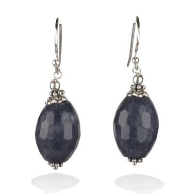 Alternate image for Silver Dangle Earrings with Blue Faceted Agate Gemstone Indigo Facets