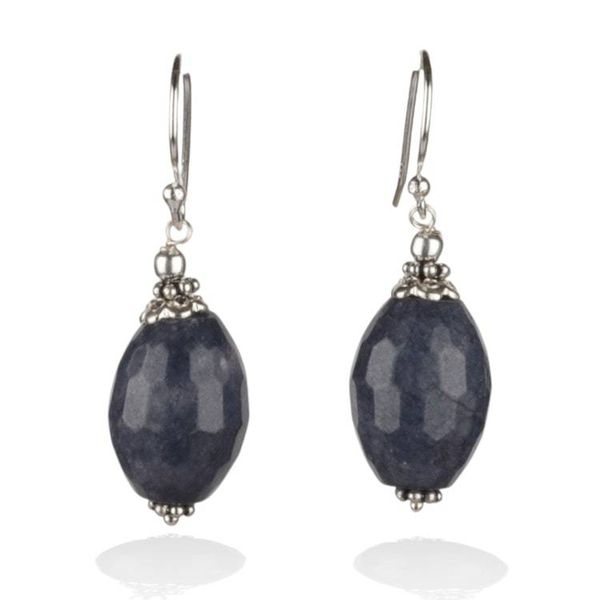 Alternate image for Silver Dangle Earrings with Blue Faceted Agate Gemstone Indigo Facets