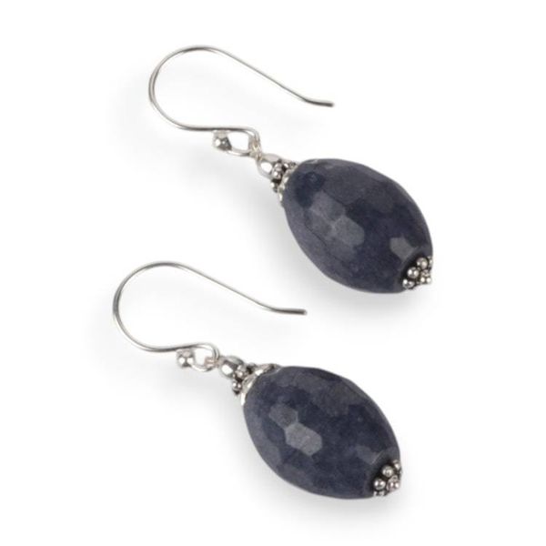 Alternate image for Silver Dangle Earrings with Blue Faceted Agate Gemstone Indigo Facets