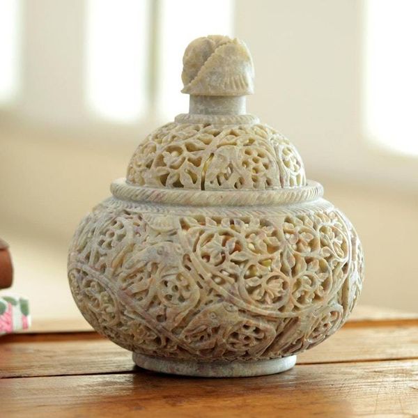 Alternate image for Natural Soapstone Handcarved Jar from India Elephant Luxuries