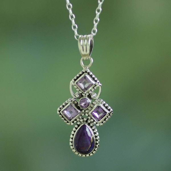 Alternate image for Artisan Crafted Geometric Amethyst Pendant Necklace Geometric Illusions in Lilac