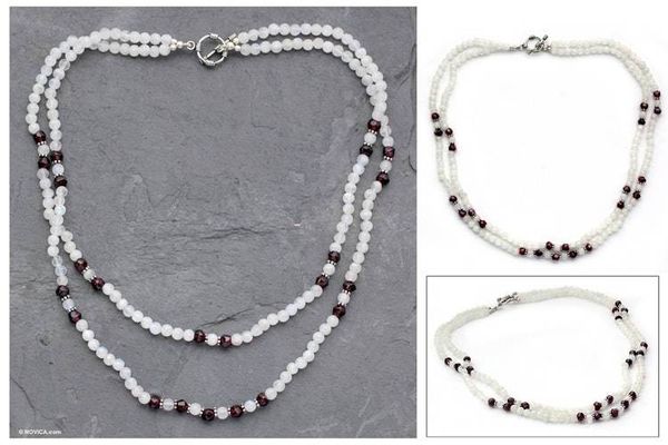 Alternate image for Rainbow Moonstone and garnet beaded necklace Rajasthan Dancer