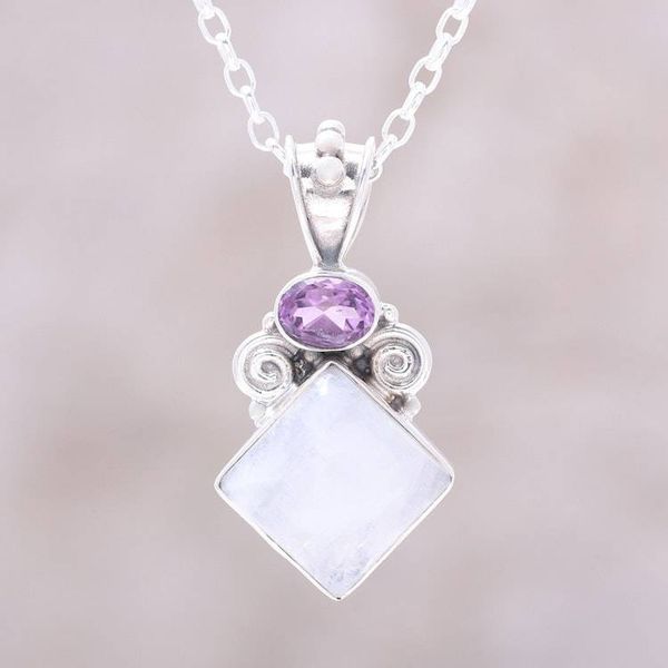 Alternate image for Rainbow Moonstone and Amethyst Pendant Necklace from India Timeless Allure