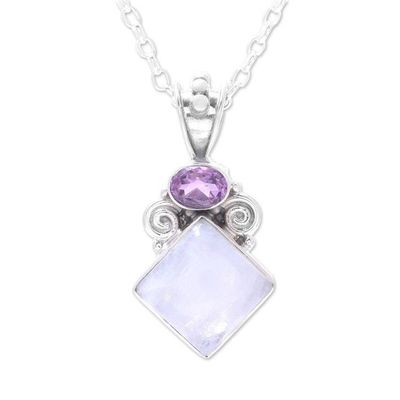 Alternate image for Rainbow Moonstone and Amethyst Pendant Necklace from India Timeless Allure