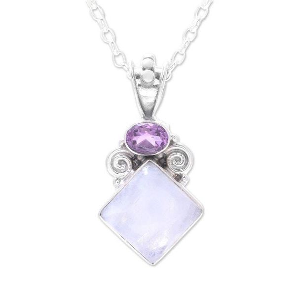 Alternate image for Rainbow Moonstone and Amethyst Pendant Necklace from India Timeless Allure