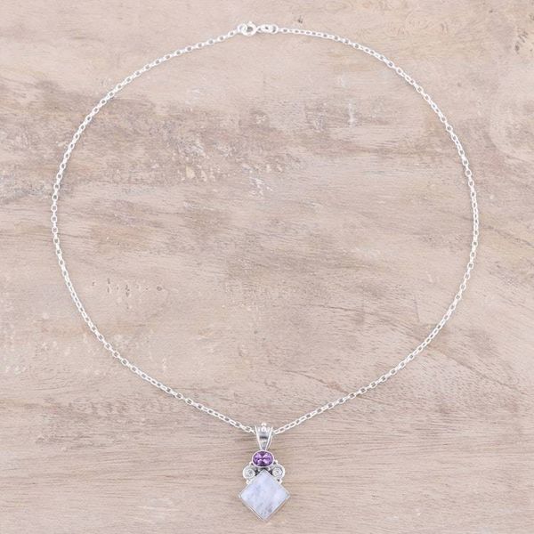 Alternate image for Rainbow Moonstone and Amethyst Pendant Necklace from India Timeless Allure