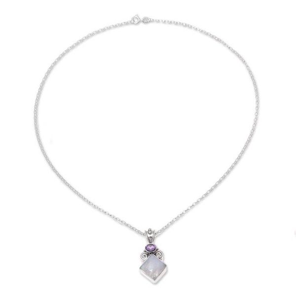 Alternate image for Rainbow Moonstone and Amethyst Pendant Necklace from India Timeless Allure