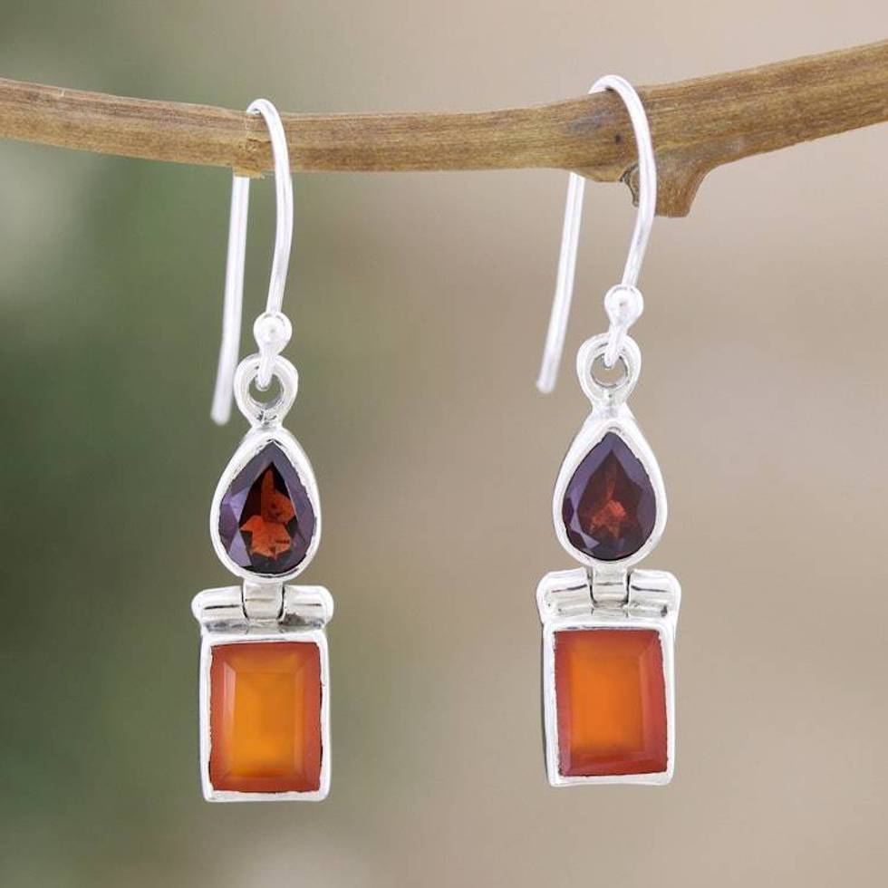 Sterling Silver Dangle Earrings with Carnelian and Garnet 'Red Chic'