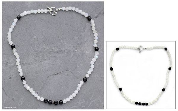 Alternate image for Rainbow Moonstone and Onyx beaded necklace Kashmir Melody