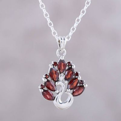 Alternate image for Peacock-Themed Garnet Pendant Necklace from India Dazzling Plumage