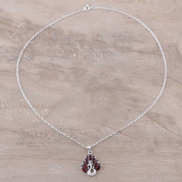 Alternate image for Peacock-Themed Garnet Pendant Necklace from India Dazzling Plumage