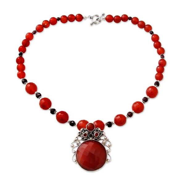 Alternate image for Handcrafted Floral Pendant Necklace Carnelian and Garnet Mystical Blossom