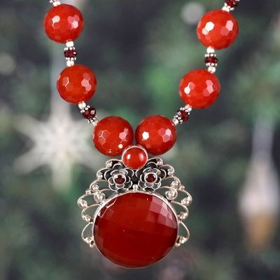 Alternate image for Handcrafted Floral Pendant Necklace Carnelian and Garnet Mystical Blossom