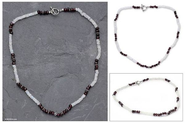 Alternate image for Rainbow Moonstone and garnet beaded necklace Orissa Harmony