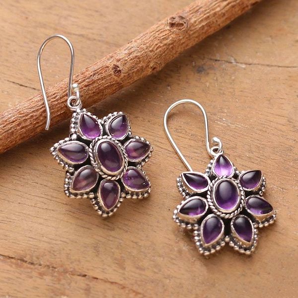 Alternate image for Spring-Themed Daisy-Shaped Amethyst Cabochon Dangle Earrings Wise Daisy