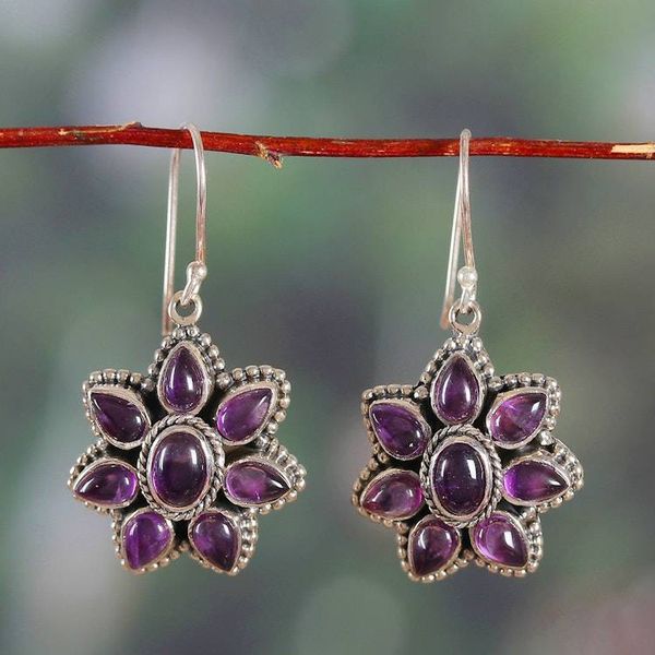 Alternate image for Spring-Themed Daisy-Shaped Amethyst Cabochon Dangle Earrings Wise Daisy