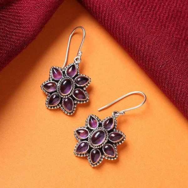 Alternate image for Spring-Themed Daisy-Shaped Amethyst Cabochon Dangle Earrings Wise Daisy