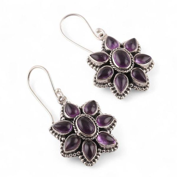 Alternate image for Spring-Themed Daisy-Shaped Amethyst Cabochon Dangle Earrings Wise Daisy
