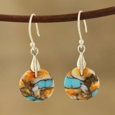 Alternate image for Circular Composite Turquoise Dangle Earrings from India Moon of Mystery