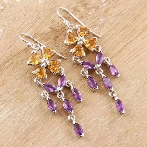 Alternate image for Hand Crafted Citrine and Amethyst Dangle Earrings Chandelier in Purple