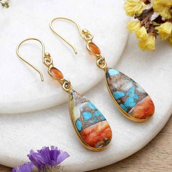 Alternate image for Gold-Plated Carnelian and Recon Turquoise Dangle Earrings Teardrop Victory