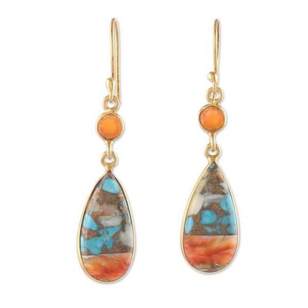 Alternate image for Gold-Plated Carnelian and Recon Turquoise Dangle Earrings Teardrop Victory