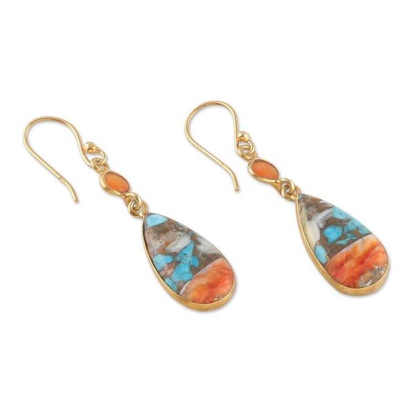 Alternate image for Gold-Plated Carnelian and Recon Turquoise Dangle Earrings Teardrop Victory