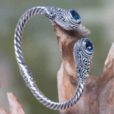 Alternate image for Bali Handcrafted Hinged Silver Blue Topaz Cuff Bracelet Empress of Gelgel