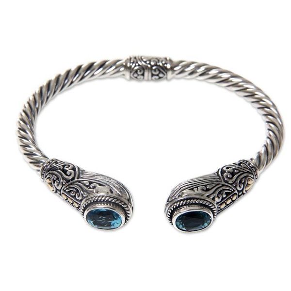 Alternate image for Bali Handcrafted Hinged Silver Blue Topaz Cuff Bracelet Empress of Gelgel