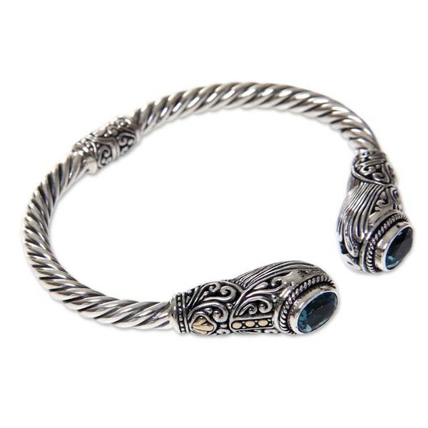 Alternate image for Bali Handcrafted Hinged Silver Blue Topaz Cuff Bracelet Empress of Gelgel