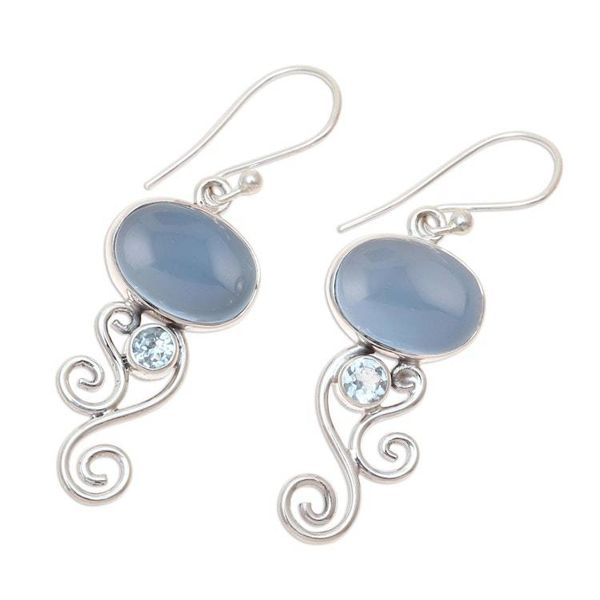 Alternate image for Chalcedony and Blue Topaz Dangle Earrings from India Oval Tendrils