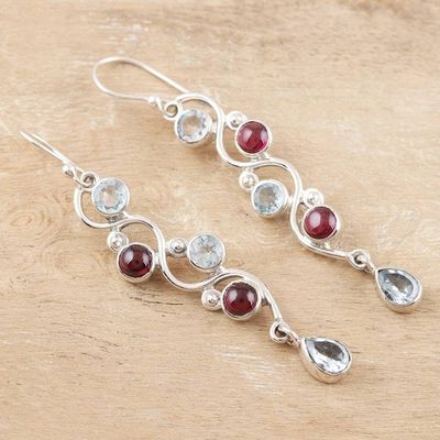 Alternate image for Garnet and Blue Topaz Dangle Earrings Iridescent Water