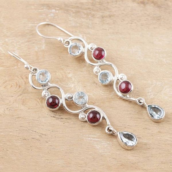 Alternate image for Garnet and Blue Topaz Dangle Earrings Iridescent Water