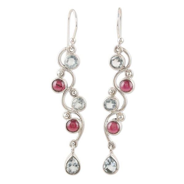 Alternate image for Garnet and Blue Topaz Dangle Earrings Iridescent Water