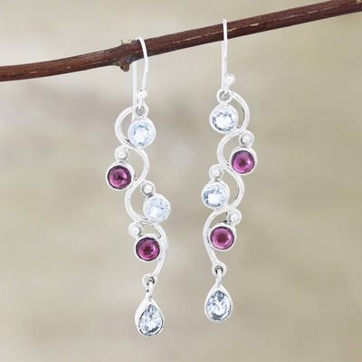 Alternate image for Garnet and Blue Topaz Dangle Earrings Iridescent Water