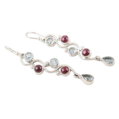 Alternate image for Garnet and Blue Topaz Dangle Earrings Iridescent Water