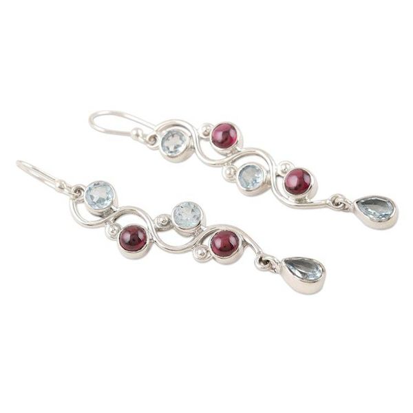 Alternate image for Garnet and Blue Topaz Dangle Earrings Iridescent Water