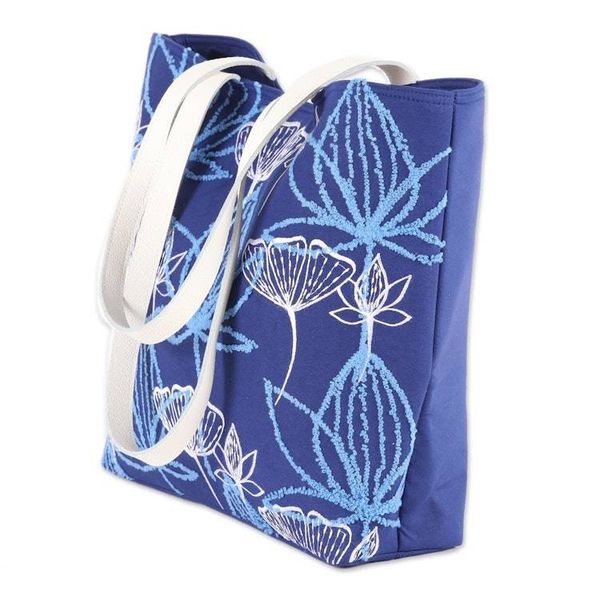 Alternate image for Embroidered Floral Cotton Tote in Lapis from India Lapis Garden