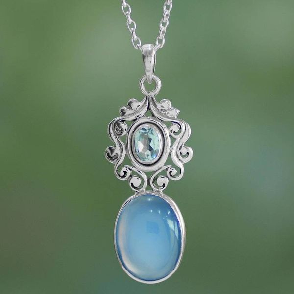Alternate image for Handcrafted Blue Chalcedony and Topaz Pendant Necklace Harmonious Blue