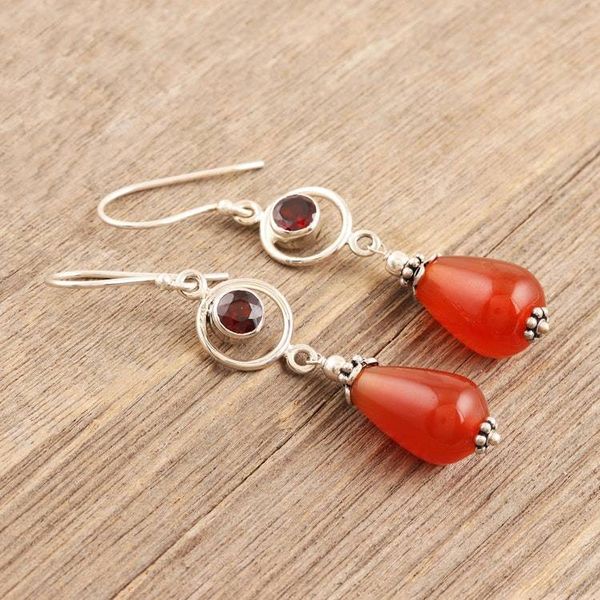 Alternate image for Artisan Crafted Carnelian and Garnet Dangle Earrings Fiery Fusion