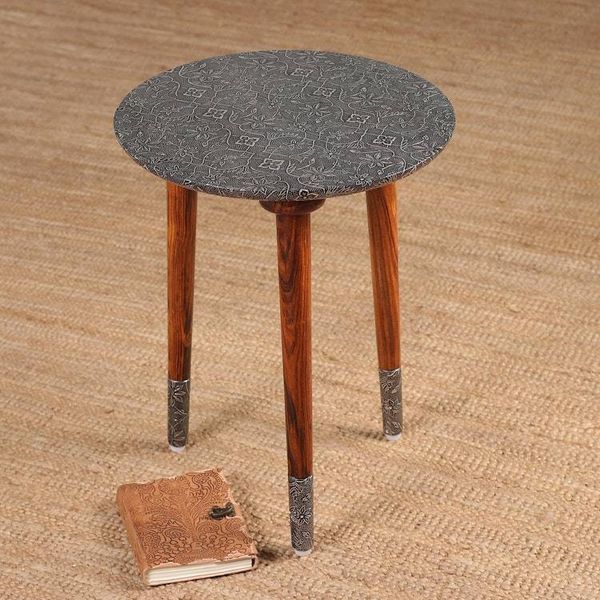 Alternate image for Spring-Themed Embossed Aluminum and Mango Wood Accent Table Tradition  Elegance