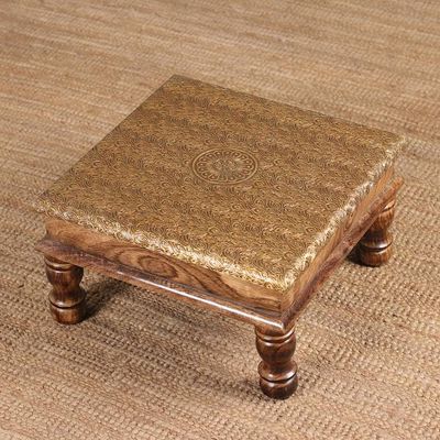 Alternate image for Spring-Themed Embossed Brass and Polished Mango Wood Ottoman Golden Heritage