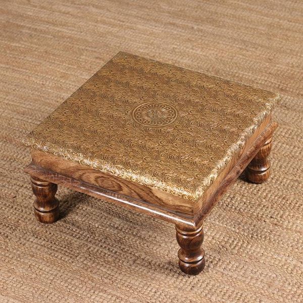 Alternate image for Spring-Themed Embossed Brass and Polished Mango Wood Ottoman Golden Heritage