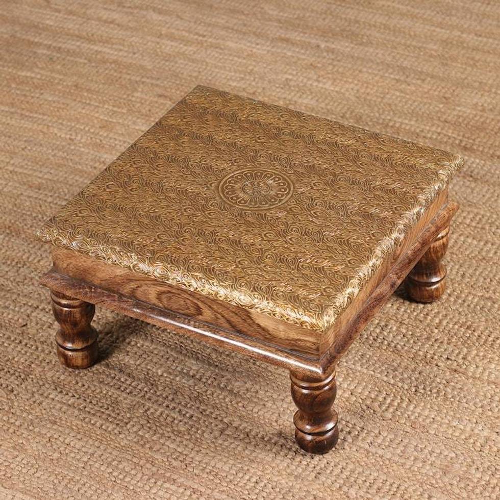 Spring-Themed Embossed Brass and Polished Mango Wood Ottoman 'Golden Heritage'