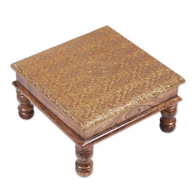 Alternate image for Spring-Themed Embossed Brass and Polished Mango Wood Ottoman Golden Heritage
