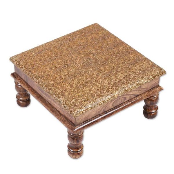 Alternate image for Spring-Themed Embossed Brass and Polished Mango Wood Ottoman Golden Heritage