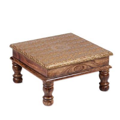 Alternate image for Spring-Themed Embossed Brass and Polished Mango Wood Ottoman Golden Heritage