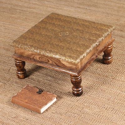 Alternate image for Spring-Themed Embossed Brass and Polished Mango Wood Ottoman Golden Heritage