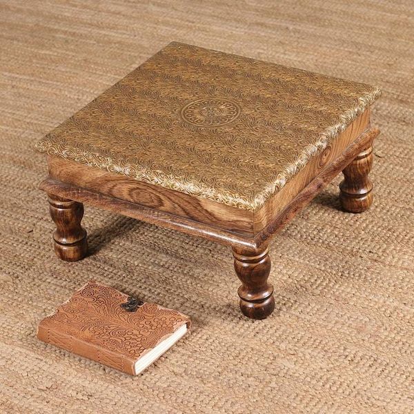 Alternate image for Spring-Themed Embossed Brass and Polished Mango Wood Ottoman Golden Heritage