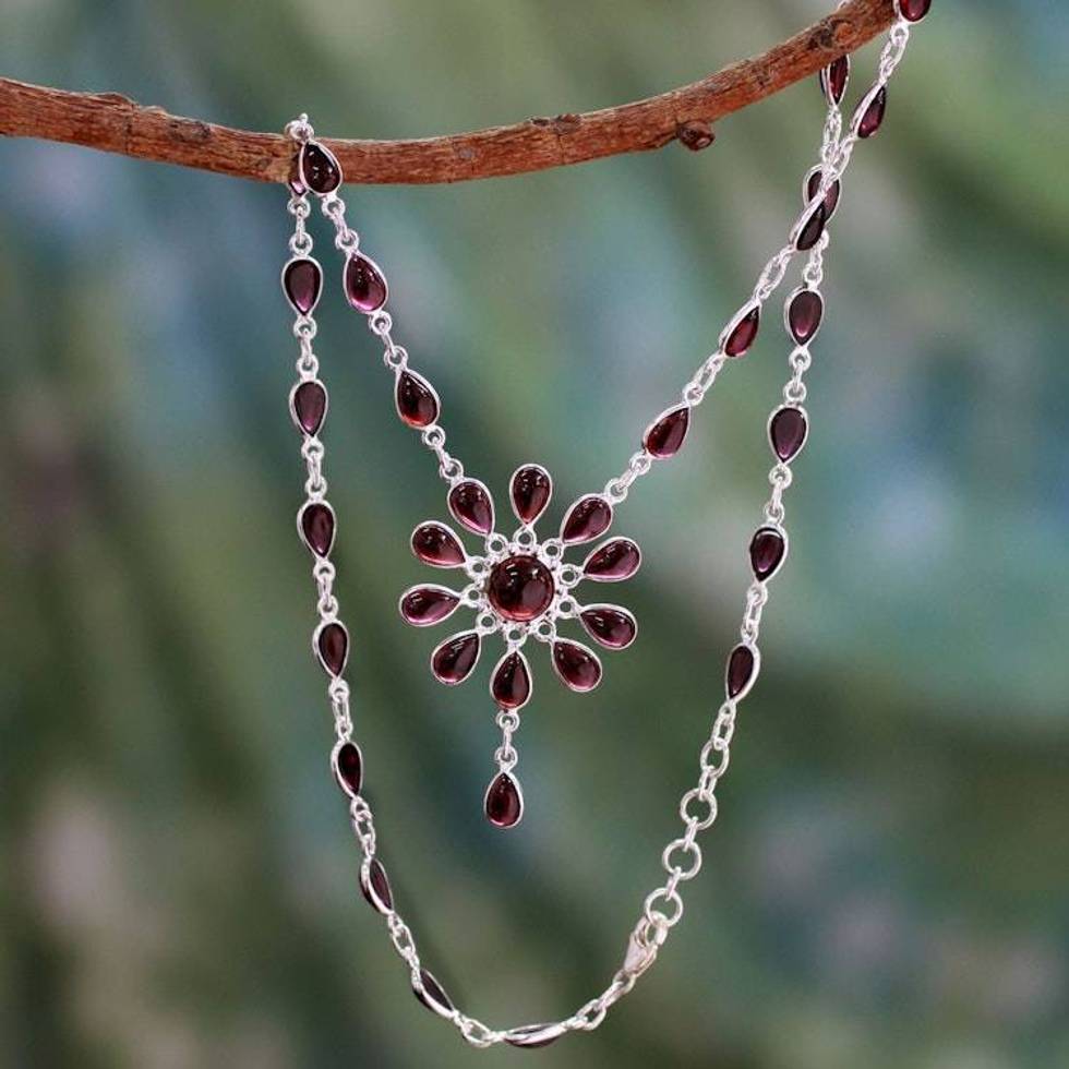 Garnet Floral Y Necklace from India 'Crimson Allure'